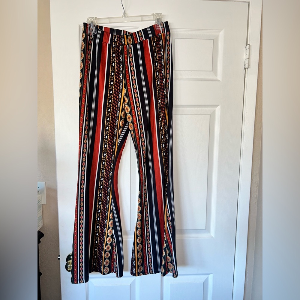 SHEIN High-Rise Wide-Leg Striped & tribal Print Pants in Rust, Black & Yellow